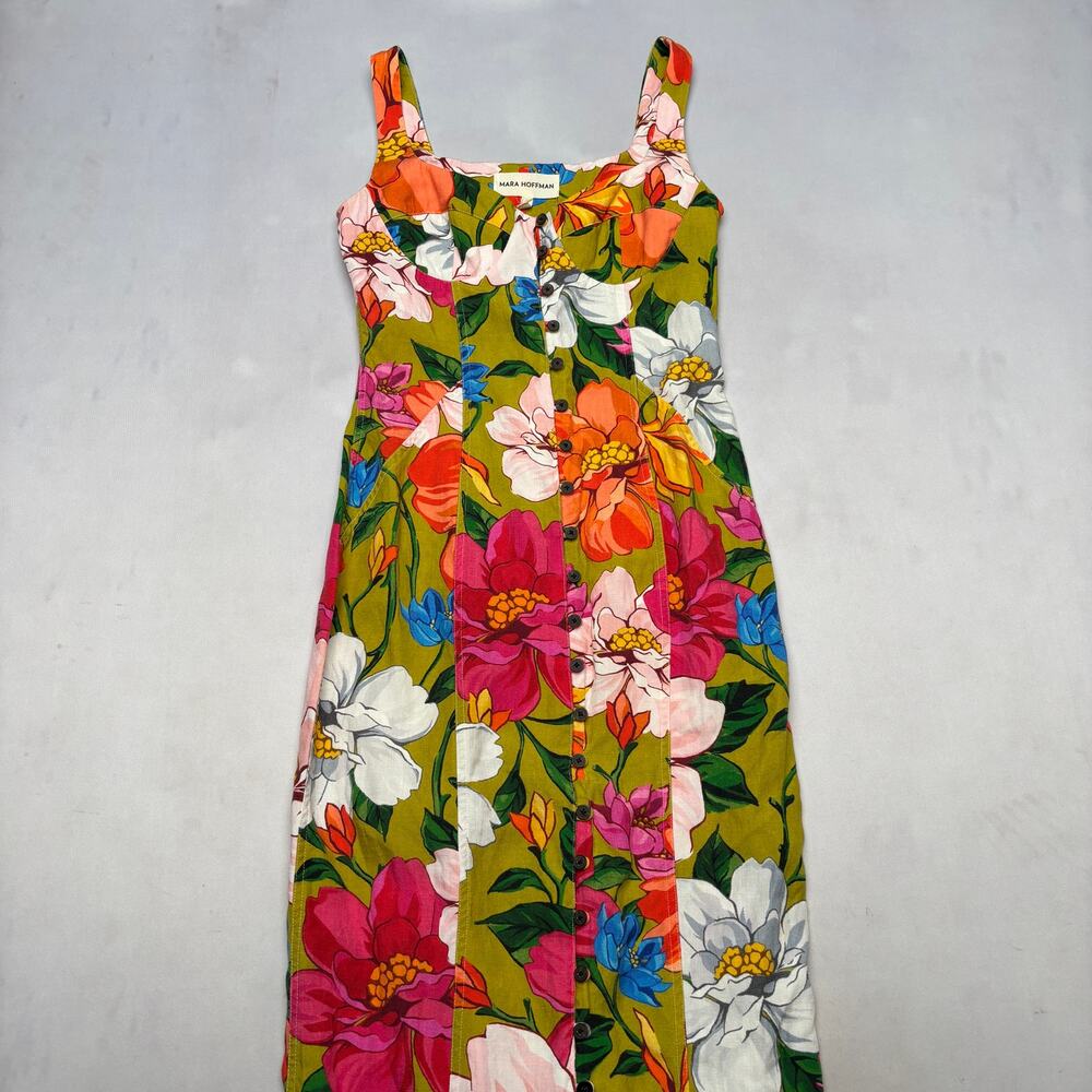 Mara Hoffman Floral Angelica Button Linen-Blend Midi Dress Women's 4 - Picture 2 of 10